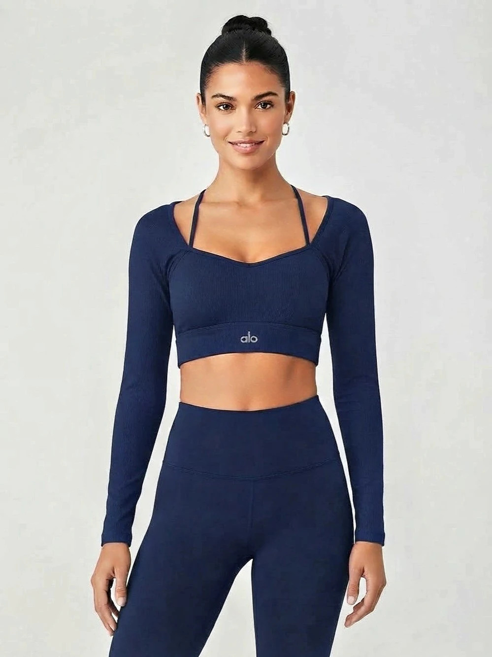 Alo Yoga Black Ribbed 2-in-1 Illusion Long Sleeve Crop Activewear Size S lounge